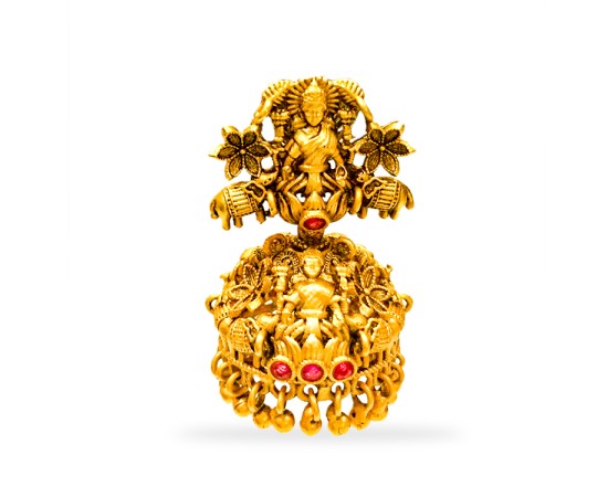 Gold Plated Jhumka With Golden Beads And Lakshmi