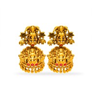Gold Plated Jhumka With Golden Beads And Lakshmi