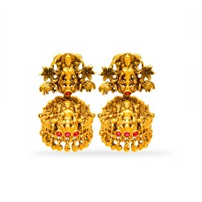 Gold Plated Jhumka With Golden Beads And Lakshmi