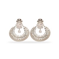 Silver Round Jhumka With White Stones