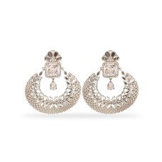 Silver Round Jhumka With White Stones