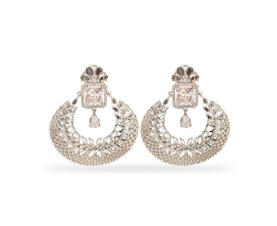 Silver Round Jhumka With White Stones