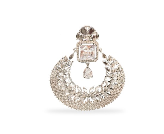 Silver Round Jhumka With White Stones