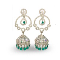 Silver Jhumka With White And Green Drops