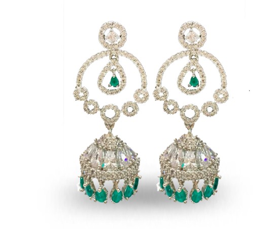 Silver Jhumka With White And Green Drops