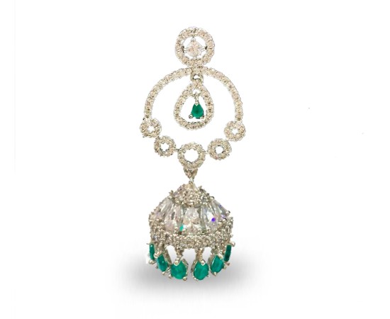 Silver Jhumka With White And Green Drops