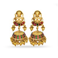 Gold Plated Jhumka With Big Lakshmi Green And Red Stones
