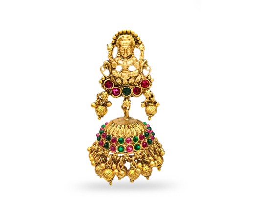 Gold Plated Jhumka With Big Lakshmi Green And Red Stones