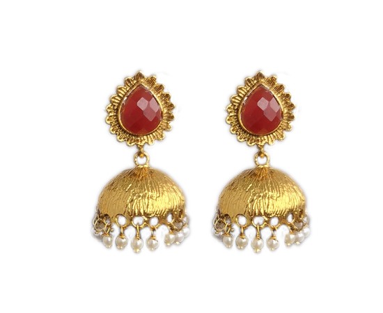 Gold plated with red stone and white pearls 