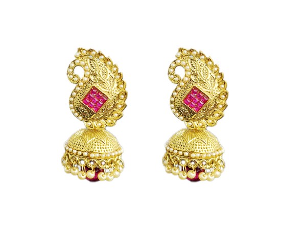 GOLD PLATED WITH PINK STONE PEACOCK DESIGN JHUMKAS