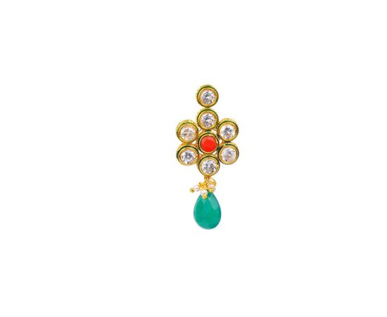 Gold Plated Drop With Kemp White Stones & Green Beads