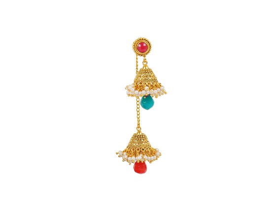 Gold Plated Long Chain Jhumka With Green & Red Beads  