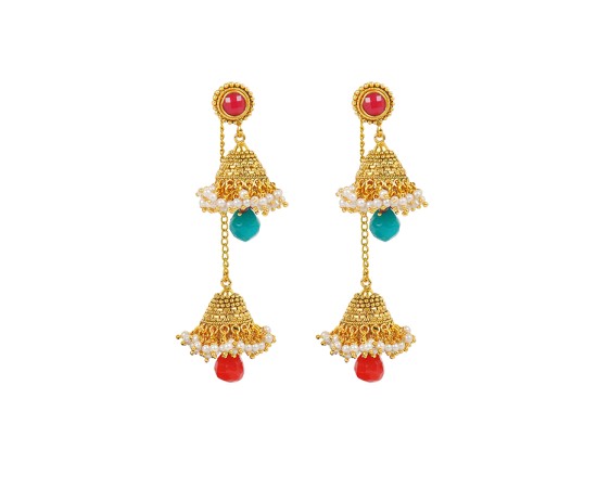 Gold Plated Long Chain Jhumka With Green & Red Beads  