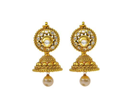 Gold plated jhumka with round white pearl
