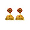 Gold Plated Jhumka With Flower Red & Green Stones