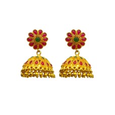 Gold Plated Jhumka With Flower Red & Green Stones