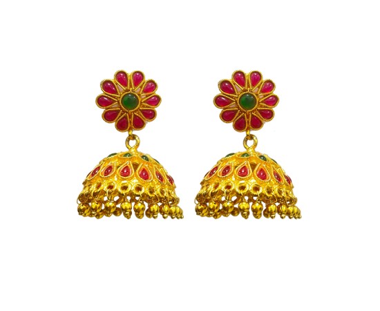Gold Plated Jhumka With Flower Red & Green Stones