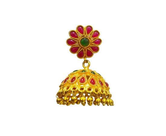 Gold Plated Jhumka With Flower Red & Green Stones