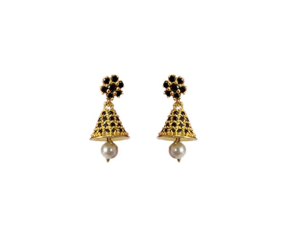Gold plated small jhumka with black stone and pearl