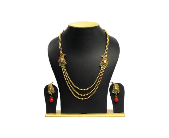 Gold Plated Chain Necklace With Maanga Design Red & Green Stone