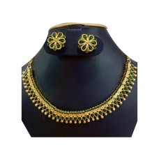 Gold Plated Chocker Necklace With Flower Green Stones