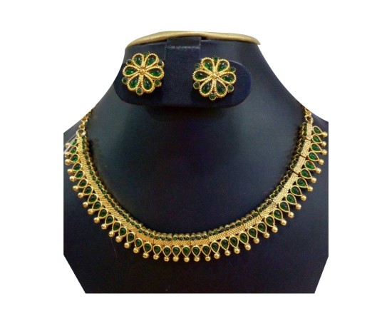 Gold Plated Chocker Necklace With Flower Green Stones