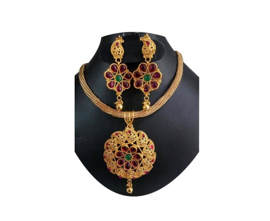 Gold Plated Neck Chain With Red Flower & Maanga Design