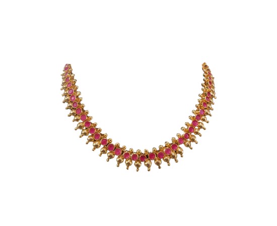 Gold Plated Necklace With Pink Stones & Golden Beads