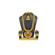 Gold Plated Necklace Set With Lakshmi Design Red Stones & White Pearls