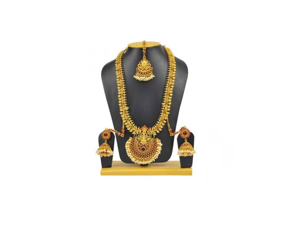 Gold Plated Necklace Set With Lakshmi Design Red Stones & White Pearls
