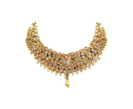 Gold Plated Choker Necklace With Peach Stones & White Pearls