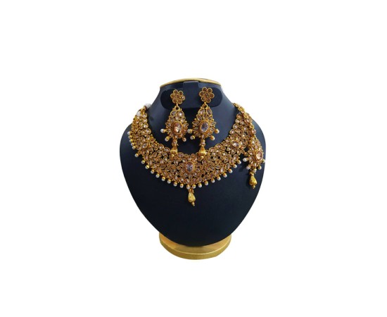 Gold Plated Choker Necklace With Peach Stones & White Pearls