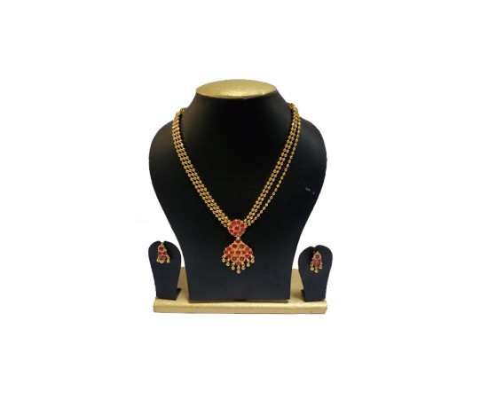 Gold Plated Chain Necklace With Pink Stones & Beads