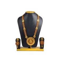 Gold Plated Long Necklace With Red Stones & Kaasu Design