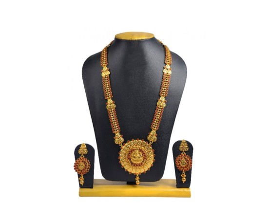 Gold Plated Long Necklace With Red Stones & Kaasu Design