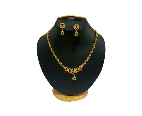 Gold Plated Chain With White Green & Red Stones