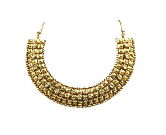Gold Plated Choker Necklace With White Stone & Jhumka