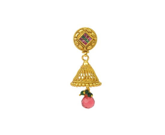 Gold Plated Jhumka With Diamond Red & Green Stone