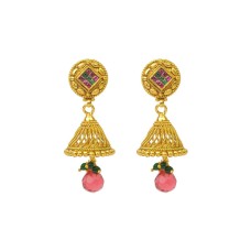 Gold Plated Jhumka With Diamond Red & Green Stone