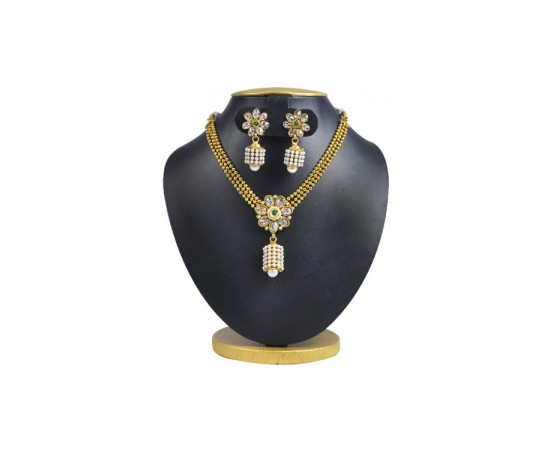 Gold Plated Flower Chain With White & Green Stone