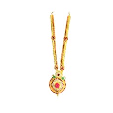 gold plated grand necklace with red stone and green small  peacock design