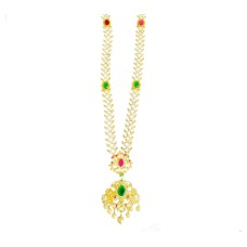 gold plated necklace with green and red white pearl