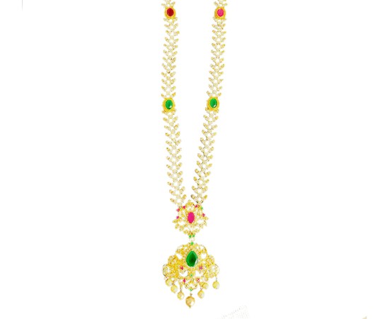 gold plated necklace with green and red white pearl