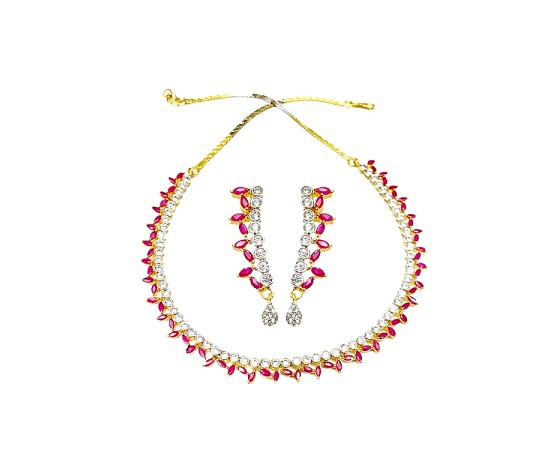 Gold Plated Necklace With Small Pink White Stones