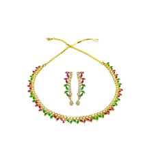 Gold Plated Necklace With Small Green Red & White Stones