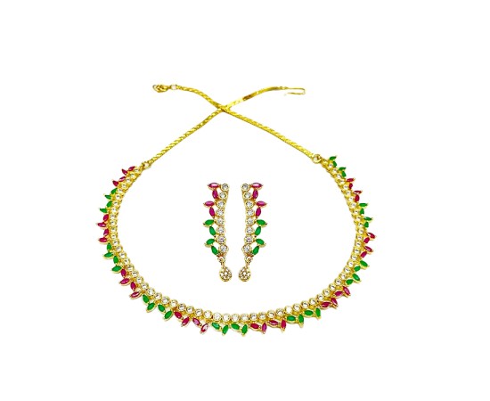 Gold Plated Necklace With Small Green Red & White Stones