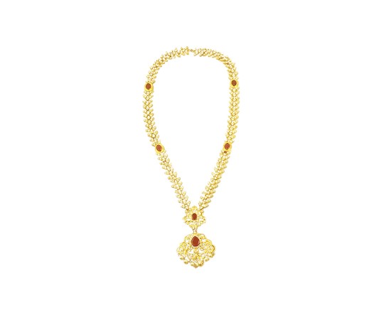 Gold Plated Diamond Design Necklace With Red Stone White Pearls