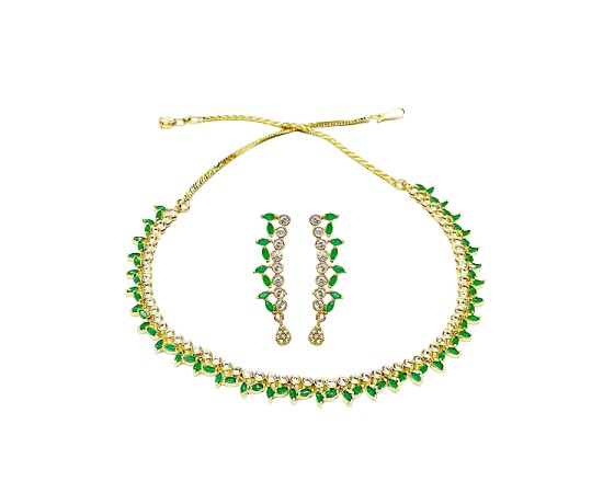 Gold Plated Necklace With Small Green White Stones