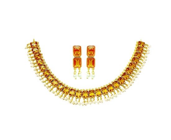 Gold Plated Big Box Necklace With Yellow Stones
