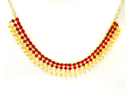 Gold Plated Necklace With White Pink Stones & Pearls